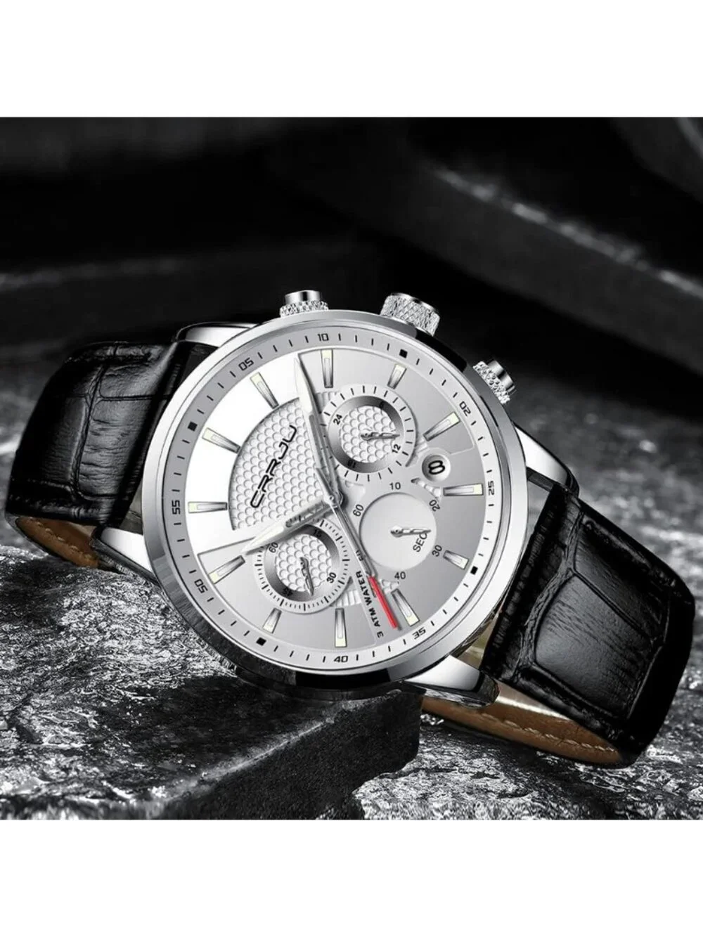 Mens White Black Leather Strap Casual Chronograph Quartz Waterproof Wrist Watch